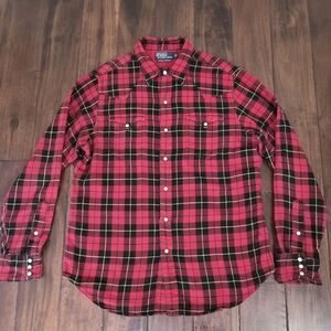 Polo Ralph Lauren Red Plaid Classic Western Snap button FlannelShirt Mens Size L
